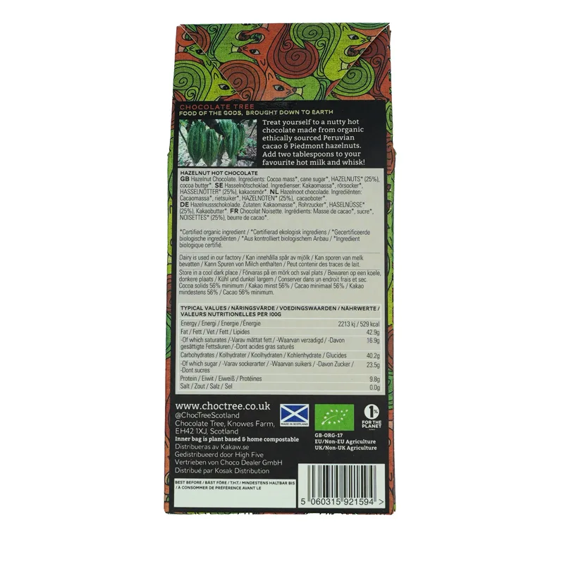 Chocolate Tree - Hazelnut Hot Choc back of Pack