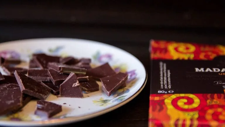 Chocolate Tree - piece sof Madagascar bar on a plate next to packet